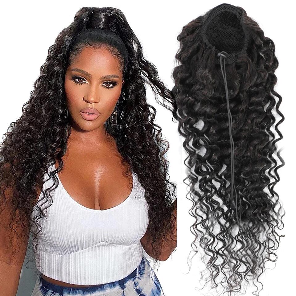 Stema Deep Wave Drawstring Ponytail With Clips 100% Human Hair Extensions